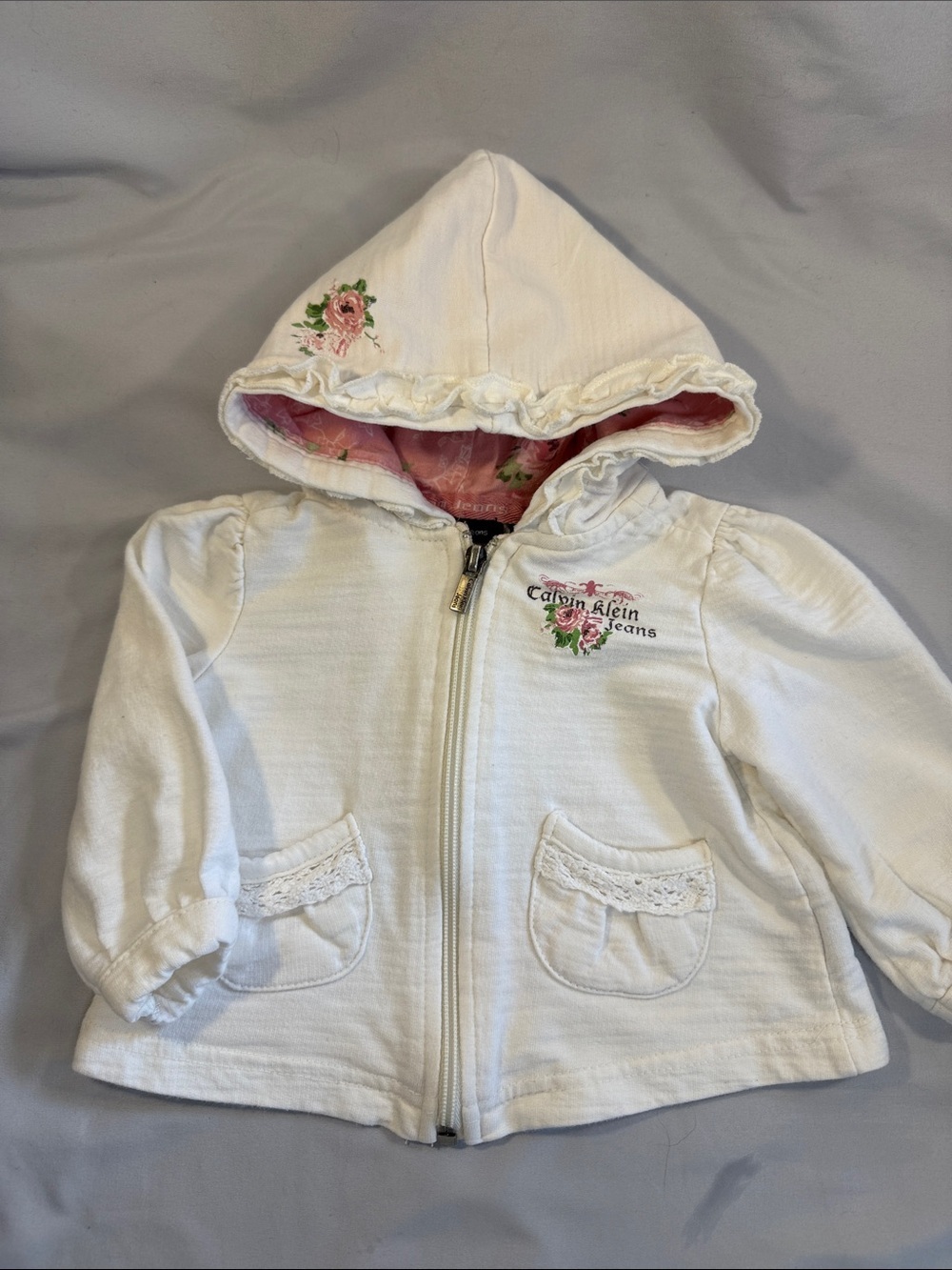 Calvin Klein Jeans White Hooded Girls Jacket with Pink Floral Lining